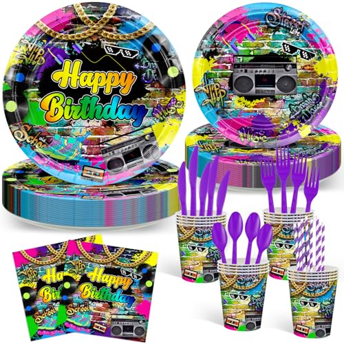 Avezano 192 Pcs 80’s Party Tableware Set 80s Birthday Hip Hop Party Table Decorations Supplies Retro 80s Theme Paper Plates, Napkins, Cups and Plastic Cutlery for 24 Guests