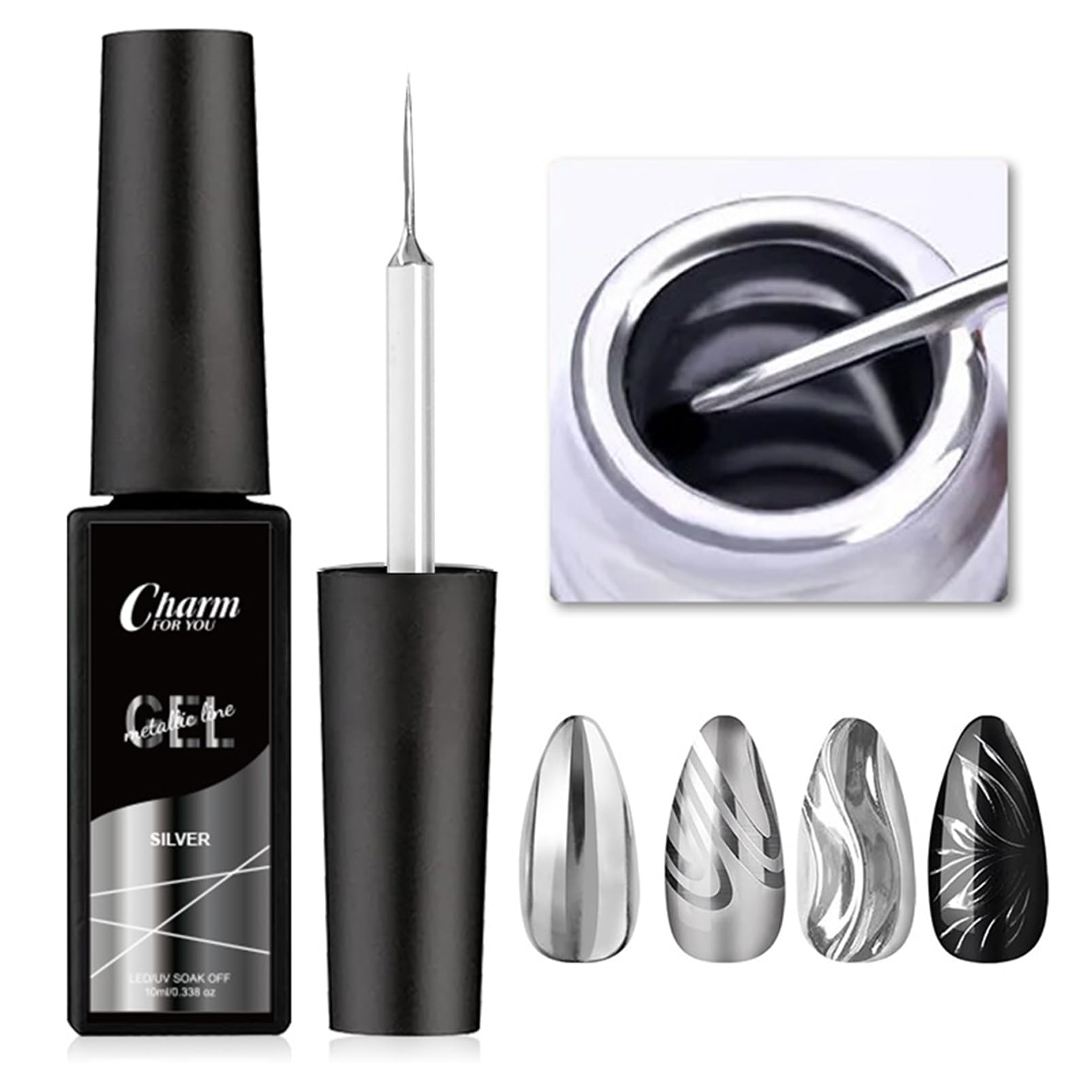 Silver Chrome Gel Nail Polish Liner Metallic Effect Nail Gel Polish Nail Liner Painted Gel Polish Thin Brush For Chrome Nail Soak Off UV/LED (Mirror Silver)