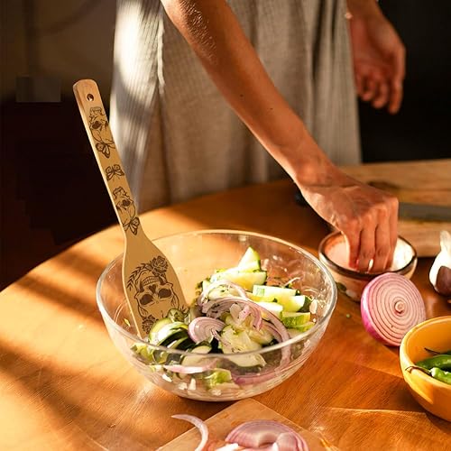 Miniatura 7 de GLOBLELAND Juego de 6 cucharas de cocina de bambú de esqueleto, juego de cucharas de cocina grabadas de madera, juego de espátulas de bambú
