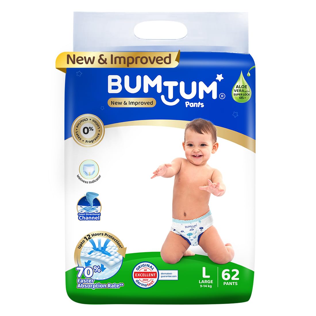 Bumtum Baby Diaper Pants, L (Size 4), 9-14 kg, Double Layer Leakage Protection Infused With Aloe Vera, Cottony Soft High Absorb Technology, 62 Diaper
