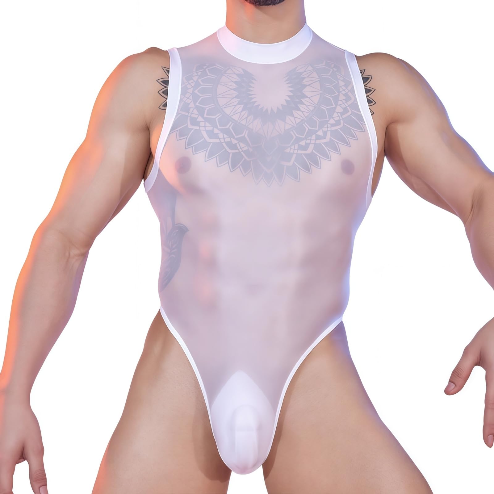 Men's Oil Shiny Bodysuit Sleeveless High Cut One-Piece Mock Neck Stretchy