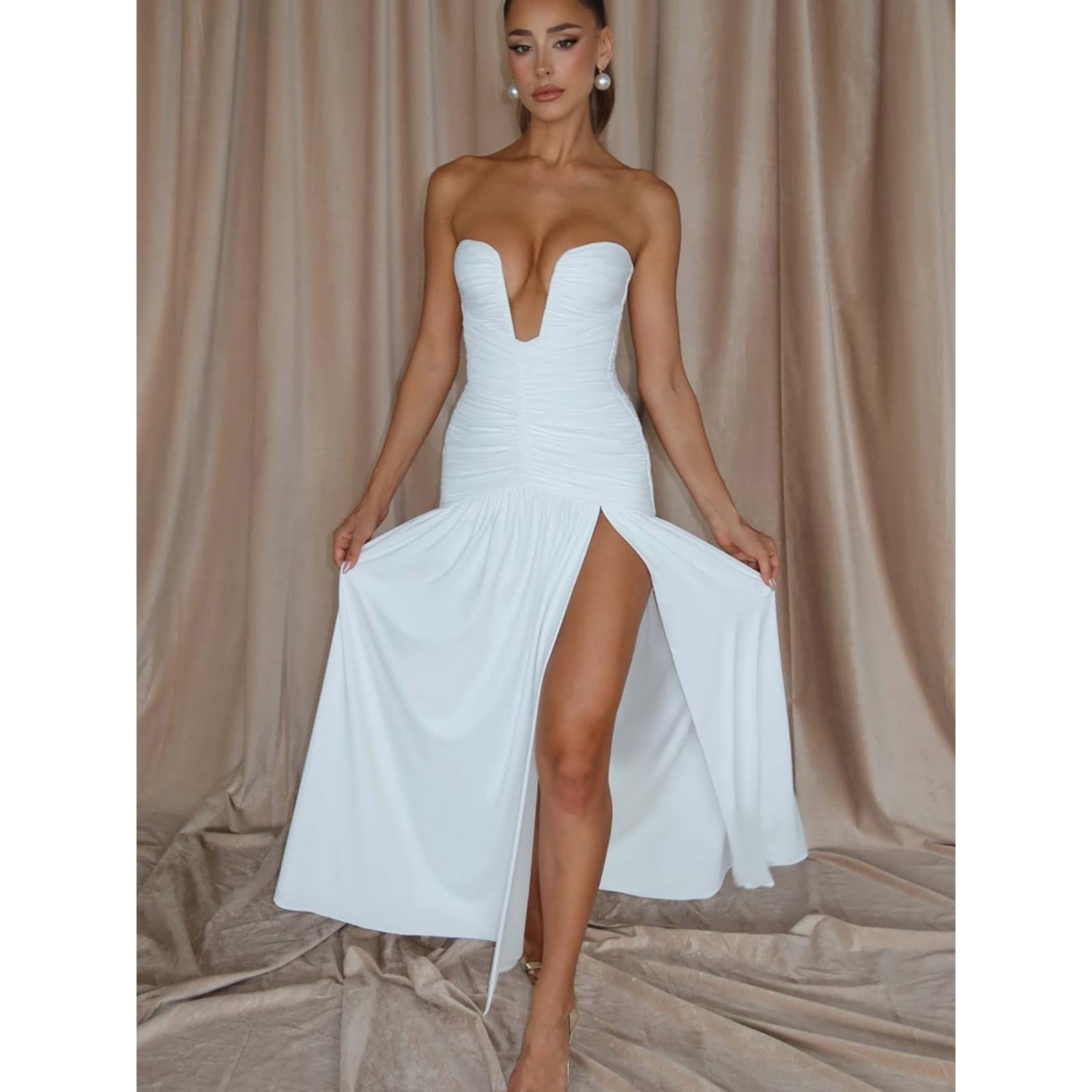 Vestito 2026 Donna Elegante Senza Spalline Piegato Maxi Abito, Profondo V-Collo Fuori Spalla Schienale Diviso Abito da Sera per La Festa-Coffee-XL