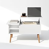 Vista 4 de Furinno Jensen - Mesa auxiliar de madera con parte superior elevadora de patas con compartimento oculto y estante lateral abierto para sala