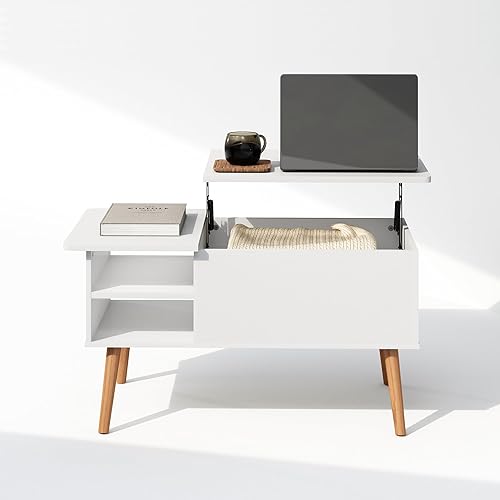 Miniatura 4 de Furinno Jensen - Mesa auxiliar de madera con parte superior elevadora de patas con compartimento oculto y estante lateral abierto para sala de