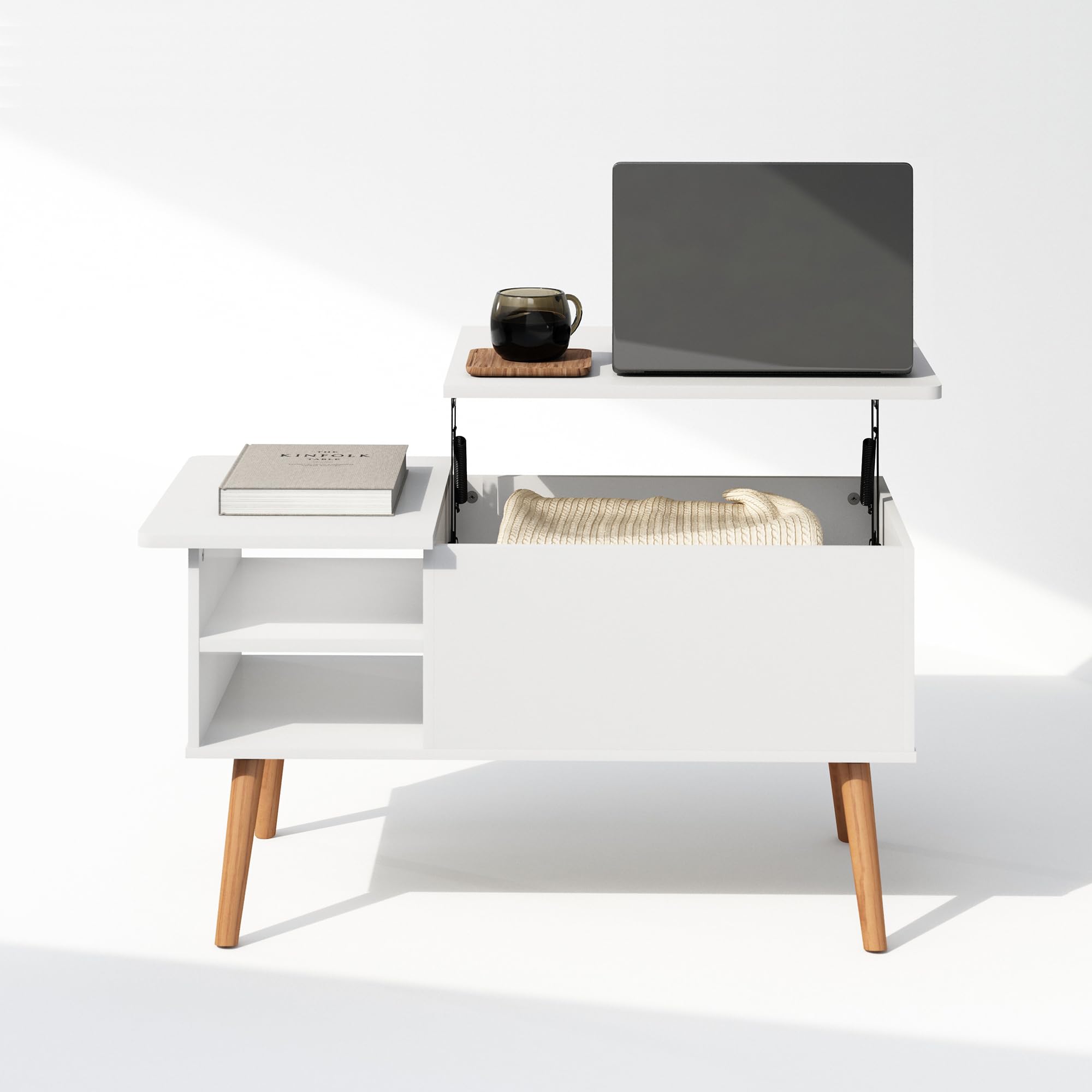 Furinno Jensen Mesa de Centro Elevable con Patas de Madera, Compartimento Oculto y Estante Lateral Abierto para Salones, Blanco Sólido