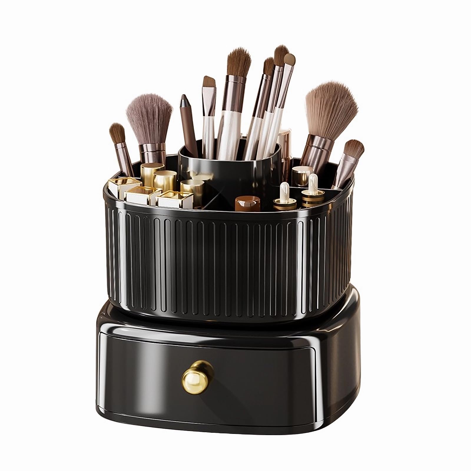 Makeup Brush Holder, Upgraded Rotating Makeup Brush Holder with Drawer,Vecolla Make up Brushes Organizer for Vanity,Cosmetics,Skincare,Nail Polish,Lipstick,Bathroom Countertop Organizer(Black)