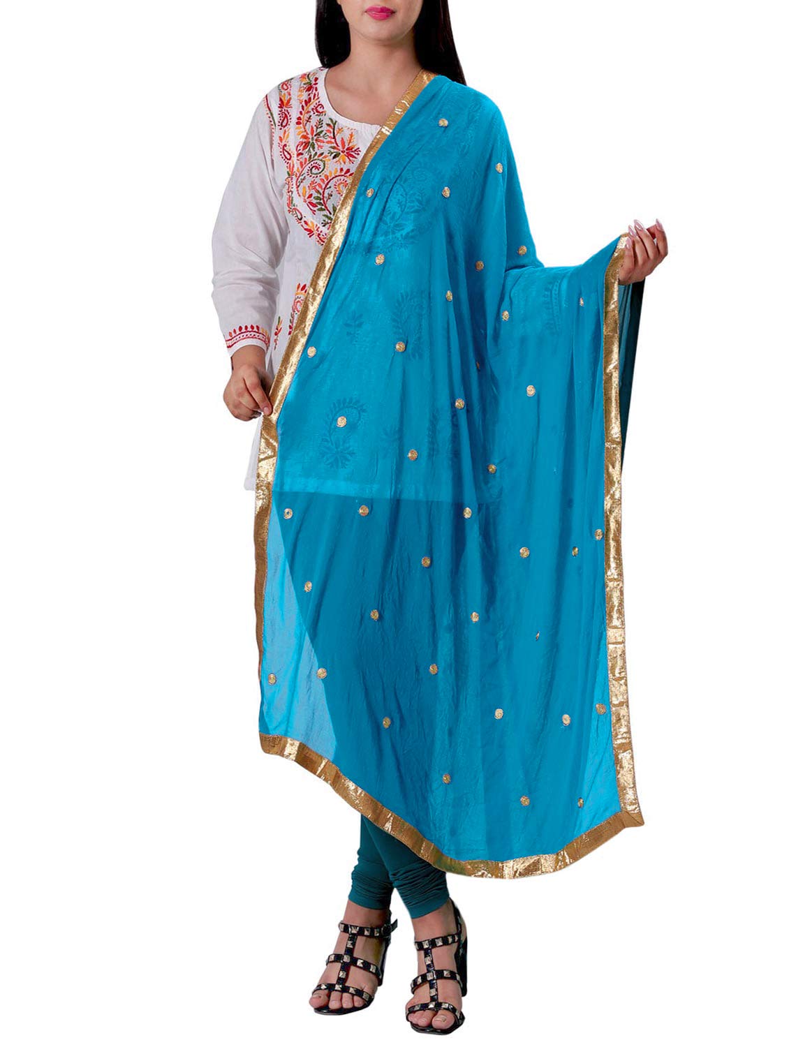 themilestocks Woman's Embroidered Chiffon Dupatta Scarf Shawl Wrap Soft Indian Bridal Wedding - Off White