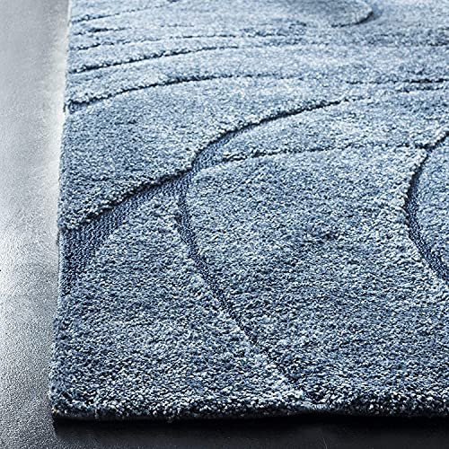 Image of Geometric Wave Round Shaggy Carpet for Living Room, Bedroom, High Low Design Finish Microfiber 1.8 Inch Pile High, 6x6 Feet Royal Blue|Blue Color