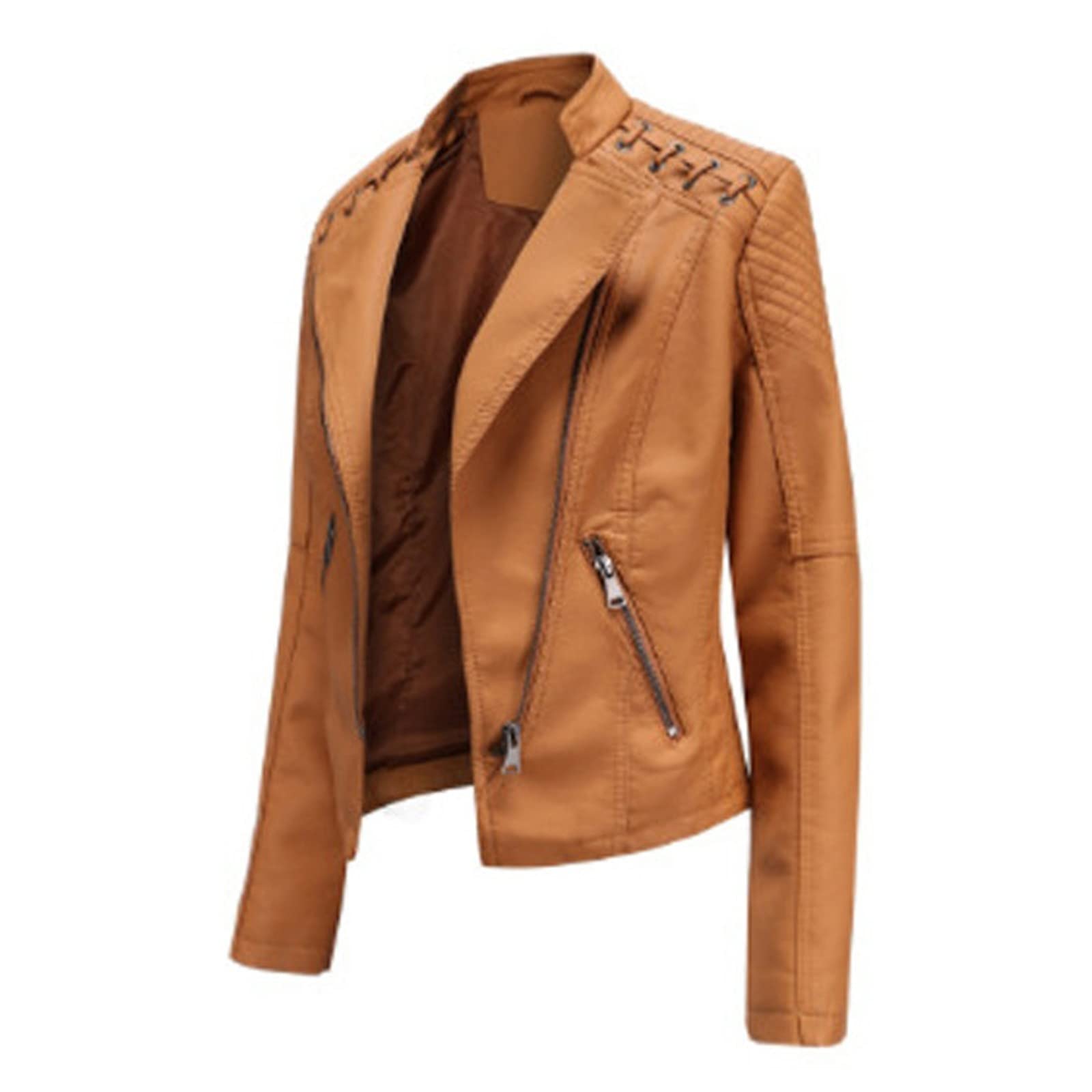 Generisch Damen Lederjacke Schlank Kurz Kunstleder Kapuze Jacket Reißverschluss Motorrad Jacke für Frühling und Herbst Bomberjacke Damen Winter Lederjacke Damen Braun Echtleder Retro