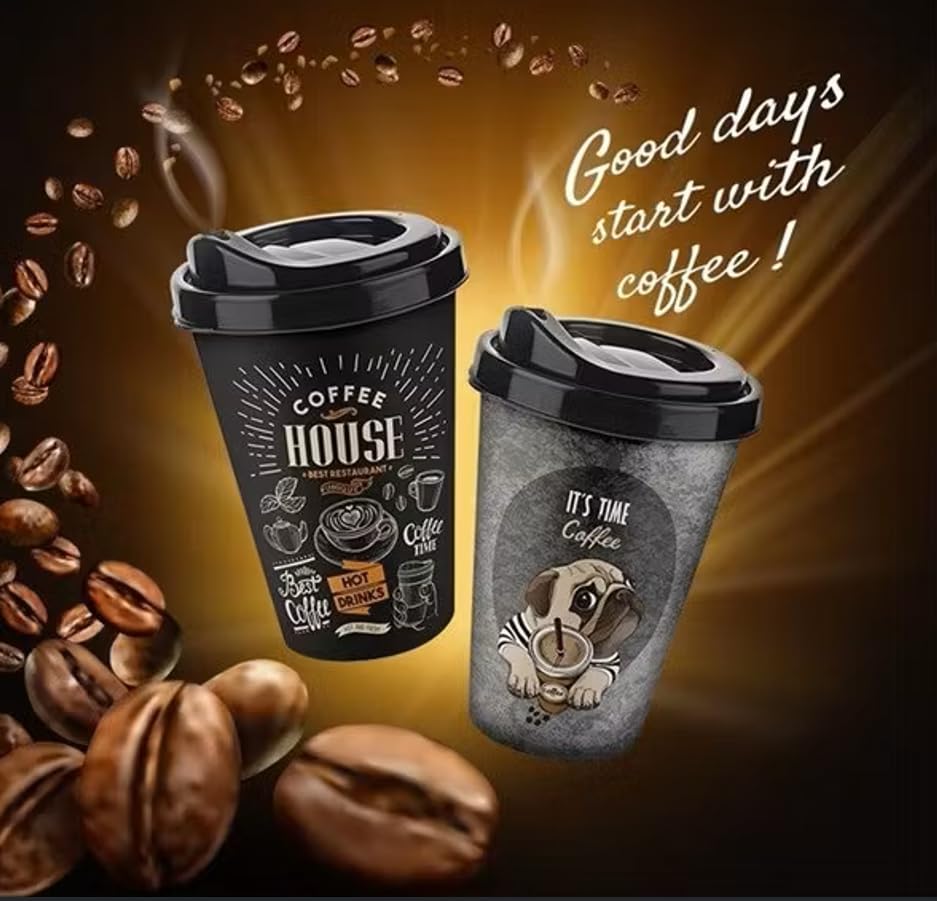 Titiz 2'li Coffee House Desenli Kahve Bardağı Takımı (2 x 400 ml) - Kahverengi Pipet Girişli Kapaklı İçecek Bardağı Paketi