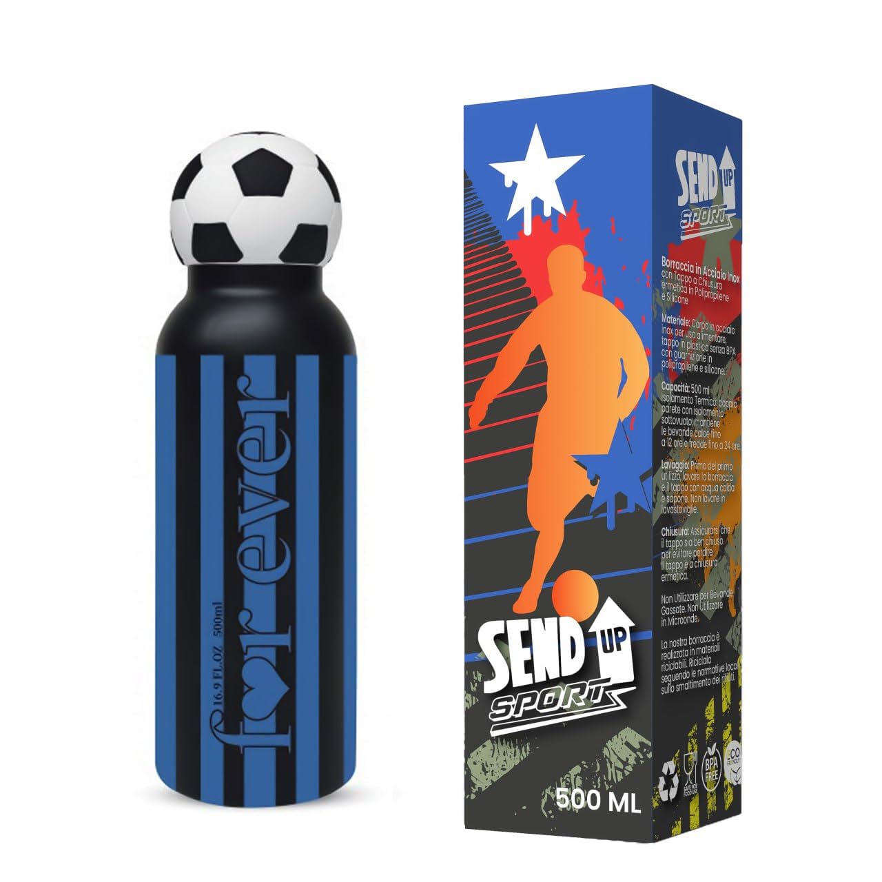 Borraccia Calcio squadra del cuore in Acciaio per Ragazzi bambini e adulti- Regalo sportivo Senza BPA, a Tenuta Stagna, Durevole Ed Ecologica, 550 ml (NERO/AZZURRI)
