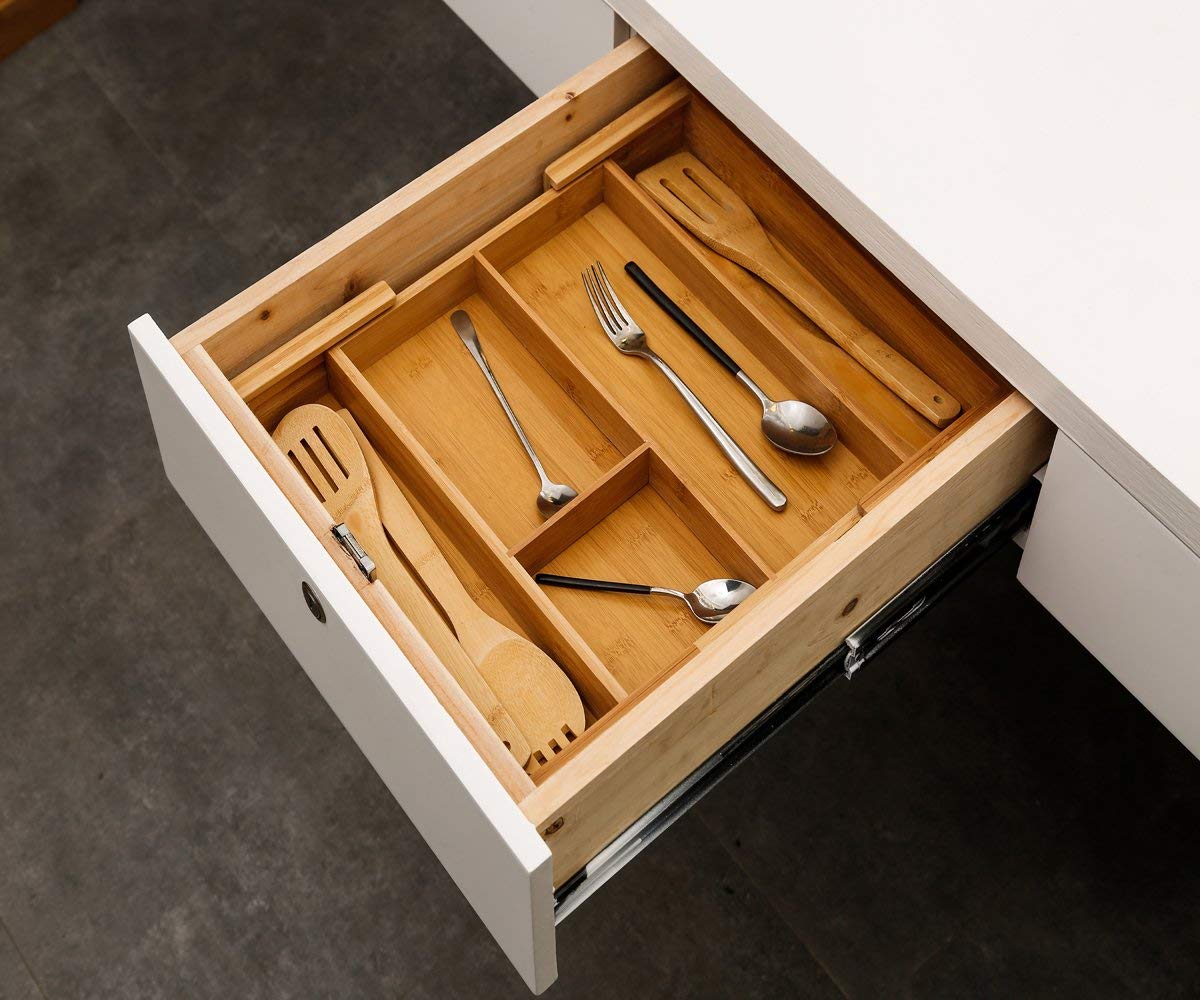 Whitewhale Intercalaires de tiroir en bois extensible pour ustensiles de cuisine Rangement de couteaux Fourchettes Cuillères Accessoires Gadgets Standard Tray -8