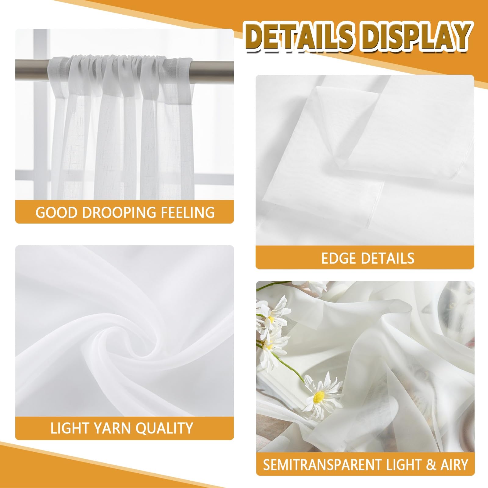 2 Pannelli Tende Trasparenti 170 x 110 cm Set di 2 Pannelli in Voile Morbido, 100% Poliestere, Traslucido Tenda Salotto Moderne per Soggiorno e Camera da Letto, Bianco