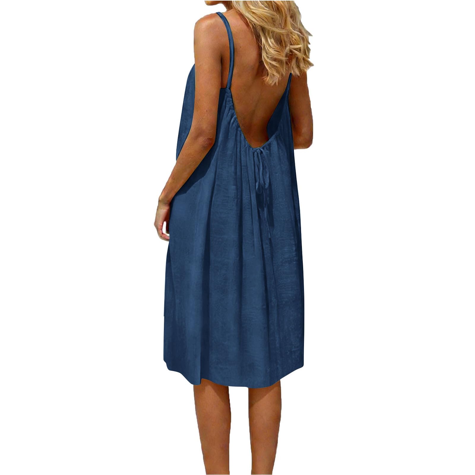 AMhomely Summer Dresses for Women UK-Backless Cami Boho Sundresses,Plus Size,Sleeveless Solid Mini Beach Dress,Loose Swing Lounge Dresses with Back Tie,Sundress for Vacation Casual C Dark Blue L