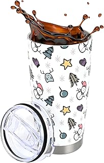 Christmas Travel Mug 600ml Vacuum Insulation Stainless Steel Thermal Cup with Leakproof Lid, Double Walled Coffee Cup Hot and Cold Drinks for Home Office Christmas Party Supplies (A)