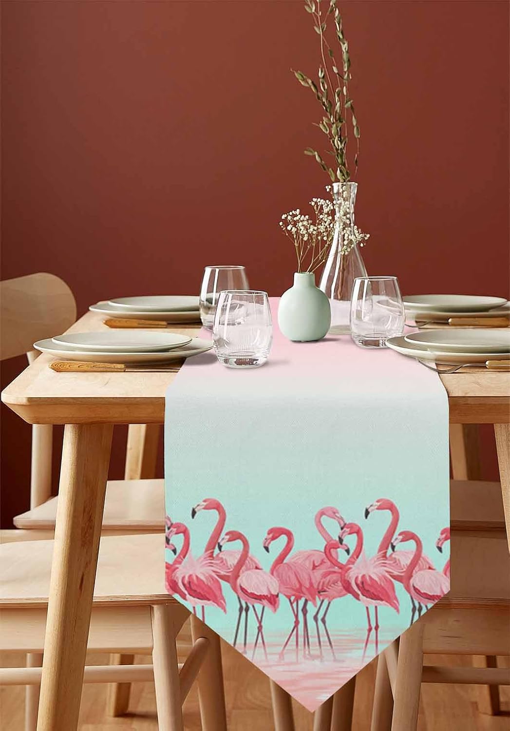 Z&L Home Linen Burlap Table Runner Dresser Scarves,Tropical Birds Pink Flamingo Table Runners for Family Dinner/Holiday Party/Wedding/Events/Kitchen Decor Animal Art 13x72in