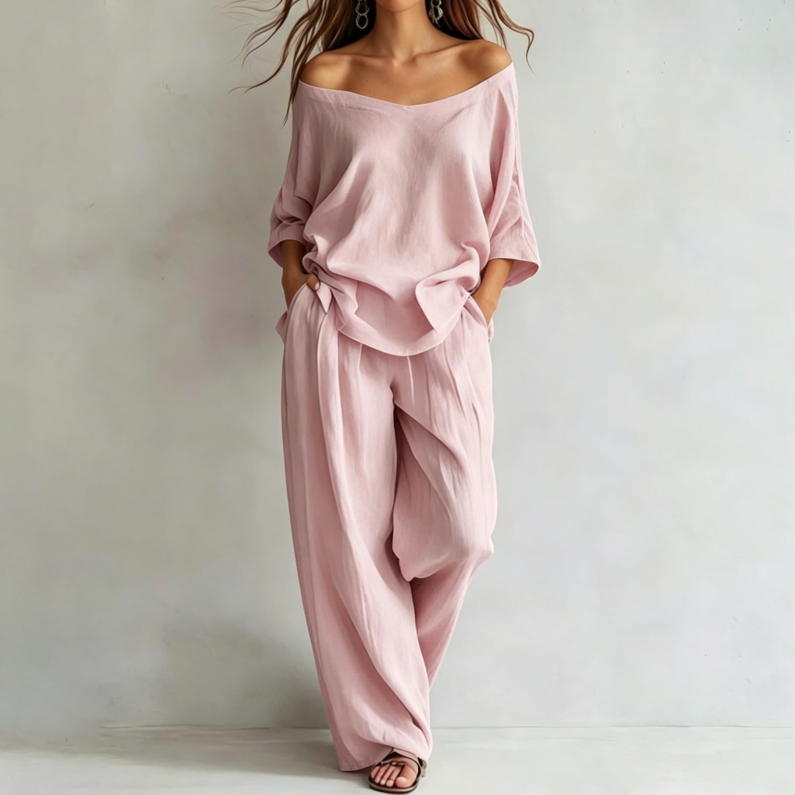 Generico 2026 Tuta top maniche corte vestibilità ampia e pantaloni gamba larga, completo elegante per viaggio e tempo libero donna.
