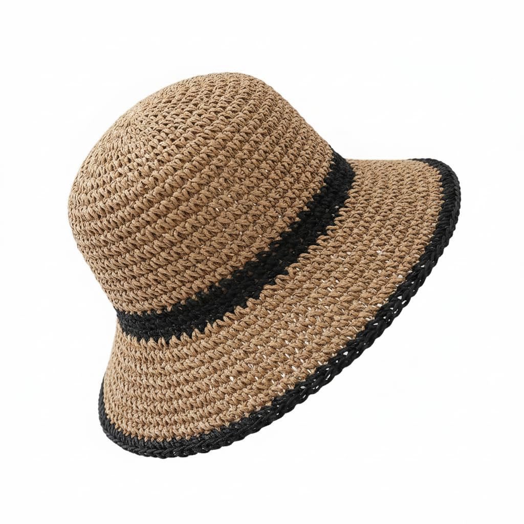 Ikruidy Women's Crochet Straw Sun Hat Wide Brim Foldable Beach Hat UPF UV Protection Packable Summer Bucket Hat for Travel Holiday & Outdoor Khaki