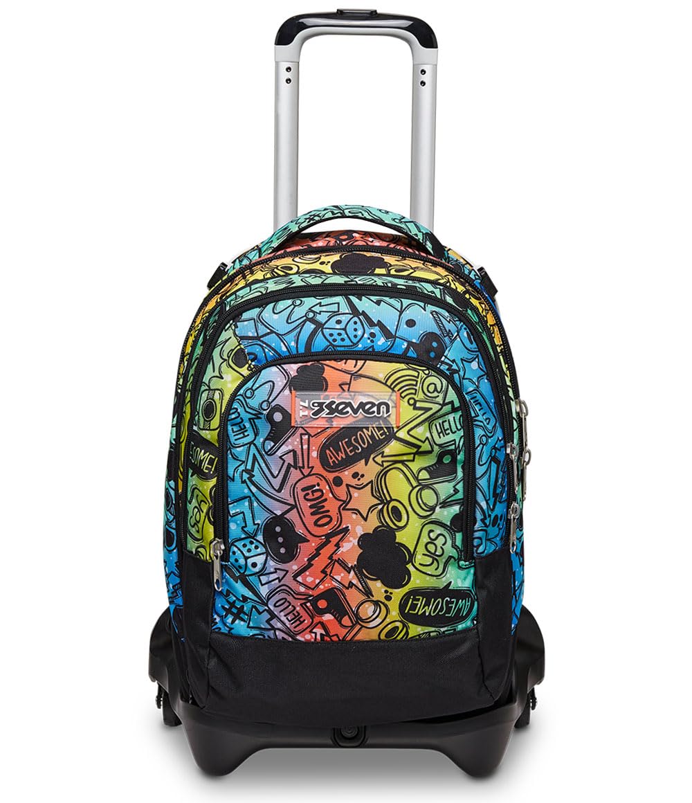 Trolley Scuola Seven JACK 3 RUOTE DETACH -FLUO STAMP, Multicolore -Zaino Uso 3in1 -Tasca frontale -CrossOver System -Tasca Porta Borraccia -Maxi ruote, Zaino Scuola, Trolley Viaggio Bambino