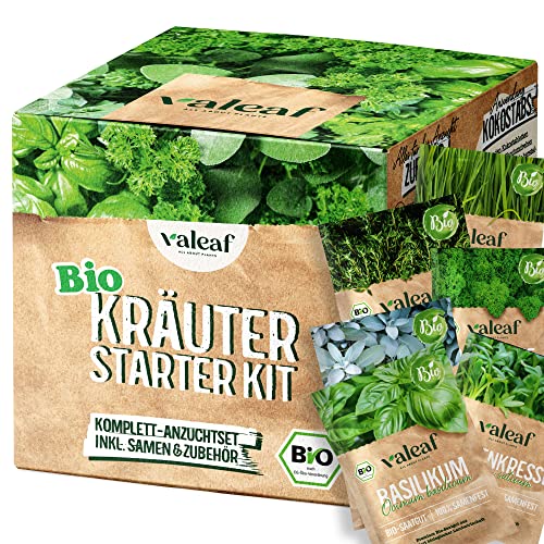 valeaf BIO Kräuter Starter Set I Kräuter Anzuchtset m. Bio Kräuter Samen I Kräuter Pflanzset I Küchenkräuter selber züchten I Mini Pflanzset Kräuter Saatgut I Kräutersamen Kit Garten Geschenk