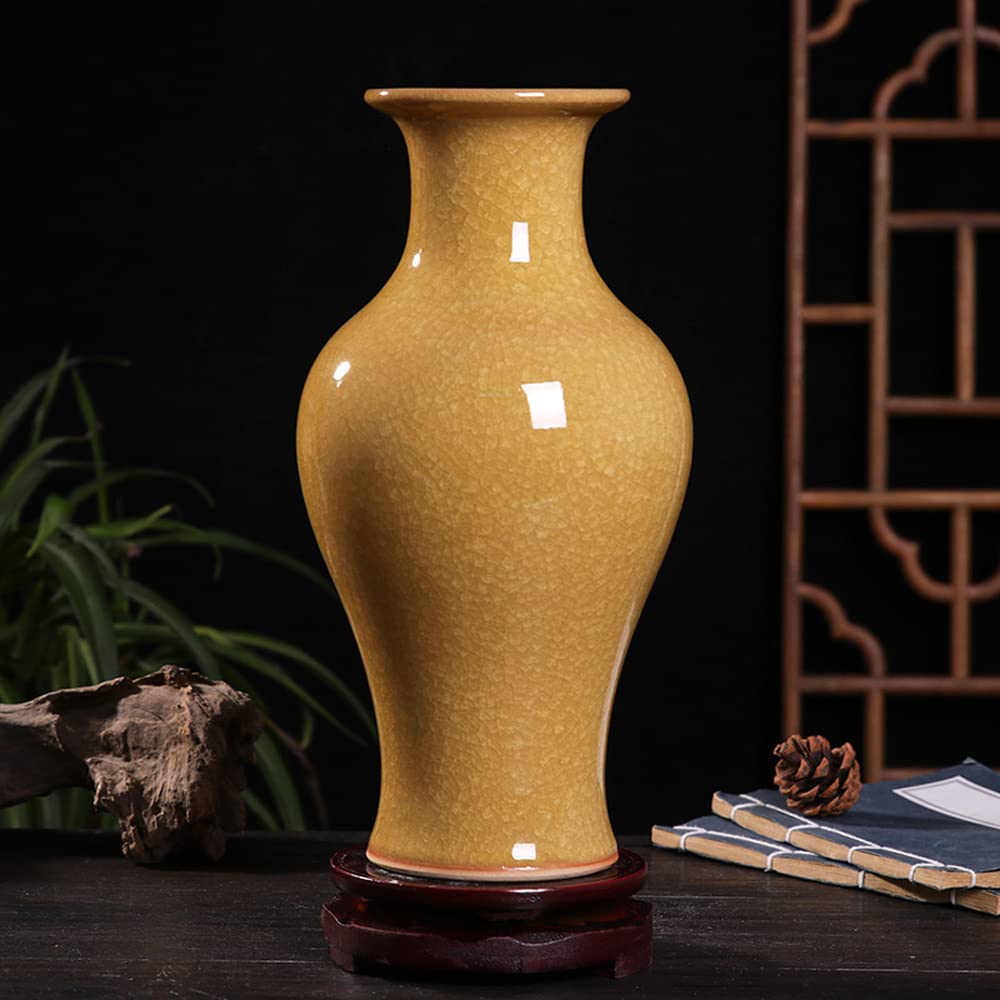 asdchZen Chinese Yellow Cracked Glazed Jade Piece Color Glazed Vase Jingdezhen Ice Cracked Glaze Handmade Simple Chinese Ceramic Decorative Vase Gift,A