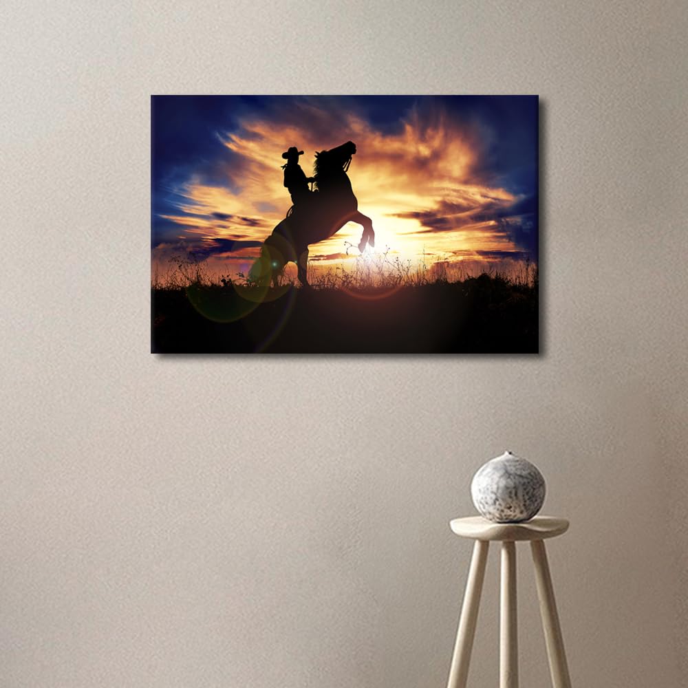 1 Panels Modern Wall Art Cowboy Rearing his Horse at Sunset Pictures Print on Canvas for Home Office Wall Decorations Stretched Framed Gallery-Wrapped Ready to Hang - Image 4