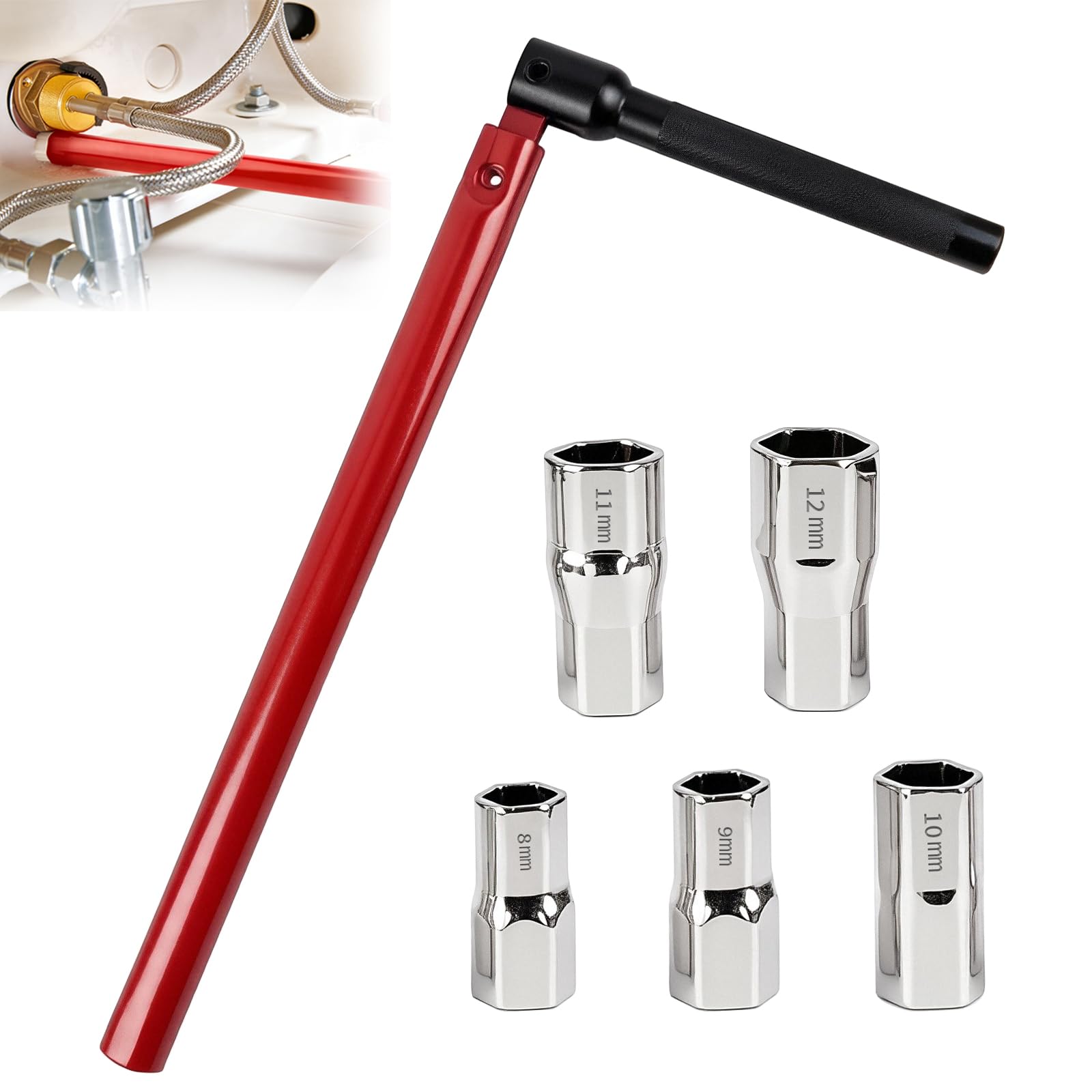 lompyeu Jeu De Clé De Robinet De Lavabo Et Évier – 1 Clé De Robinet De 13 Mm Et 5 Adaptateurs (8-12 Mm), Outil De Plomberie Multifonction - 2