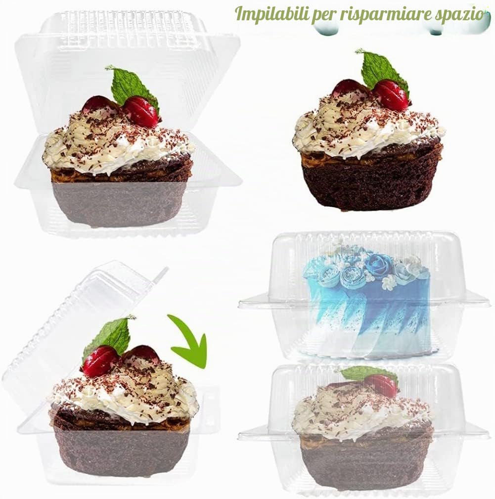 KAHEIGN 60 Pezzi Scatole per Fette Di Torta, 14cm x 10cm Scatole Singole per Cheesecake Scatole per Cupcake A Conchiglia Contenitore per Alimenti Con Cerniera In Plastica Trasparente con Coperchi