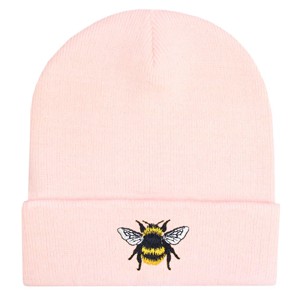 Teddyt's Women's Baby Pink Bumble Bee Embroidered Thermal Beanie Hat (Baby Pink)