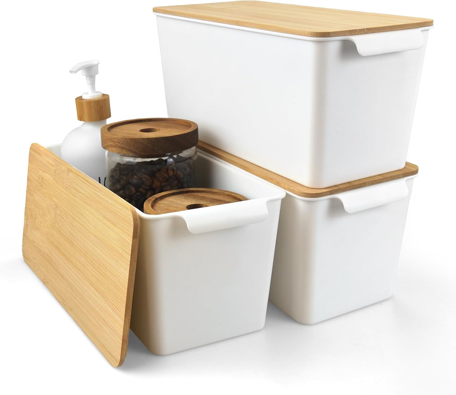 Storage Bins with Bamboo Lids, 3 Pack Stackable Plastic Basket Large Lidded Organizing Boxes - Decorative Containers for Shelves Pantry Bathroom Classroom Office