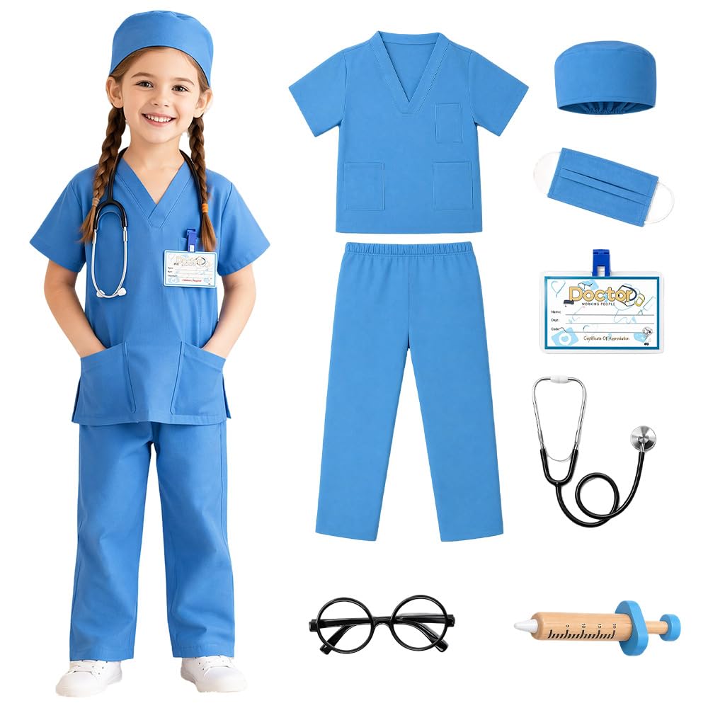 8 PCS Doctor Costume Set, Nurse Costume Kids Toys, Doctors Outfit Set, Toddler Nurse Scrubs with Syringe, Stethoscope, Glasse Frame, Surgical Shirt & ID Card for Boys Girls Dress Up Halloween (Blue)