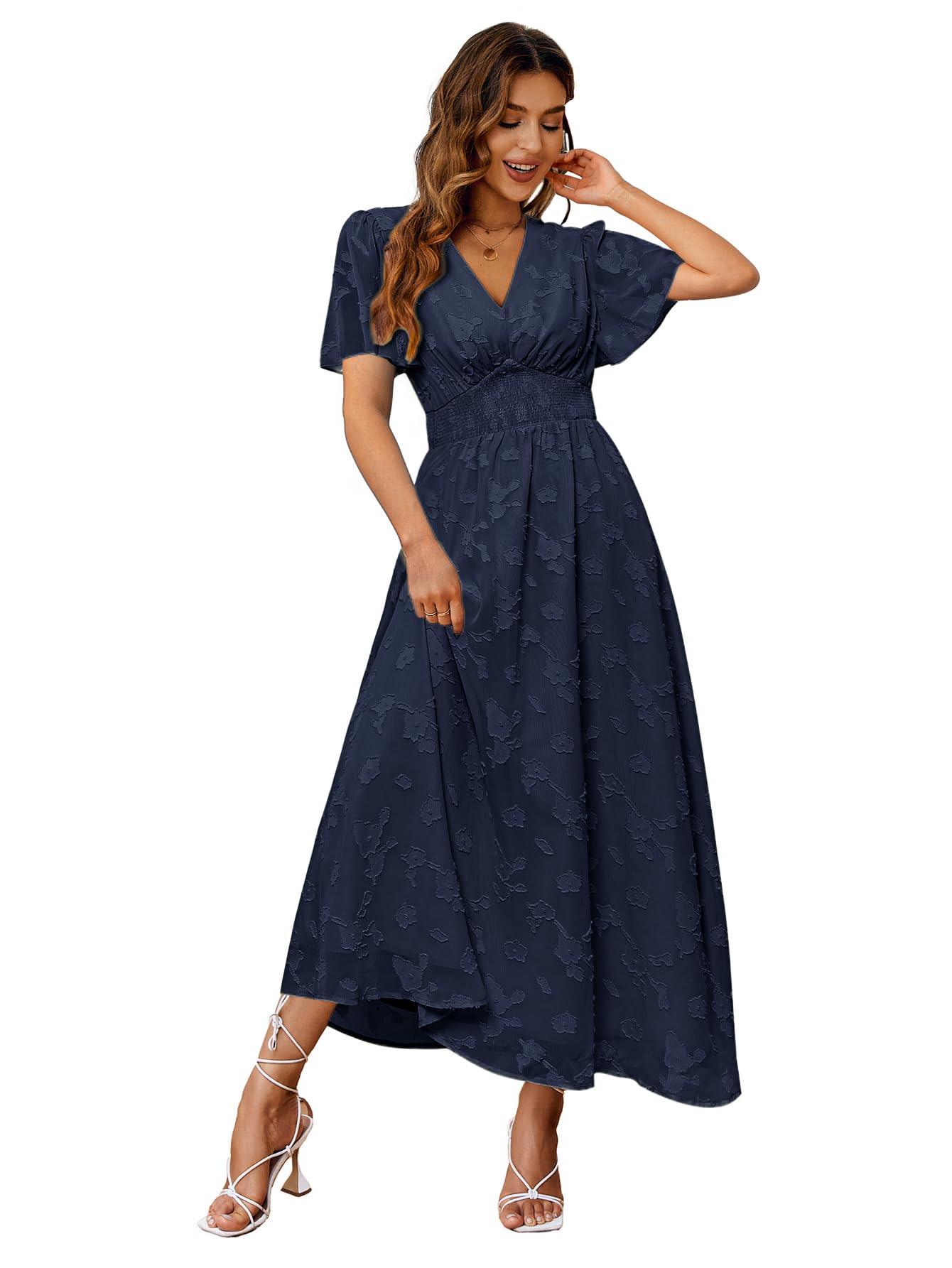 Simplee Women's Boho Floral Maxi Dress Flowy Casual V Neck Short Sleeve Wedding Guest Holiday Beach Long Dress