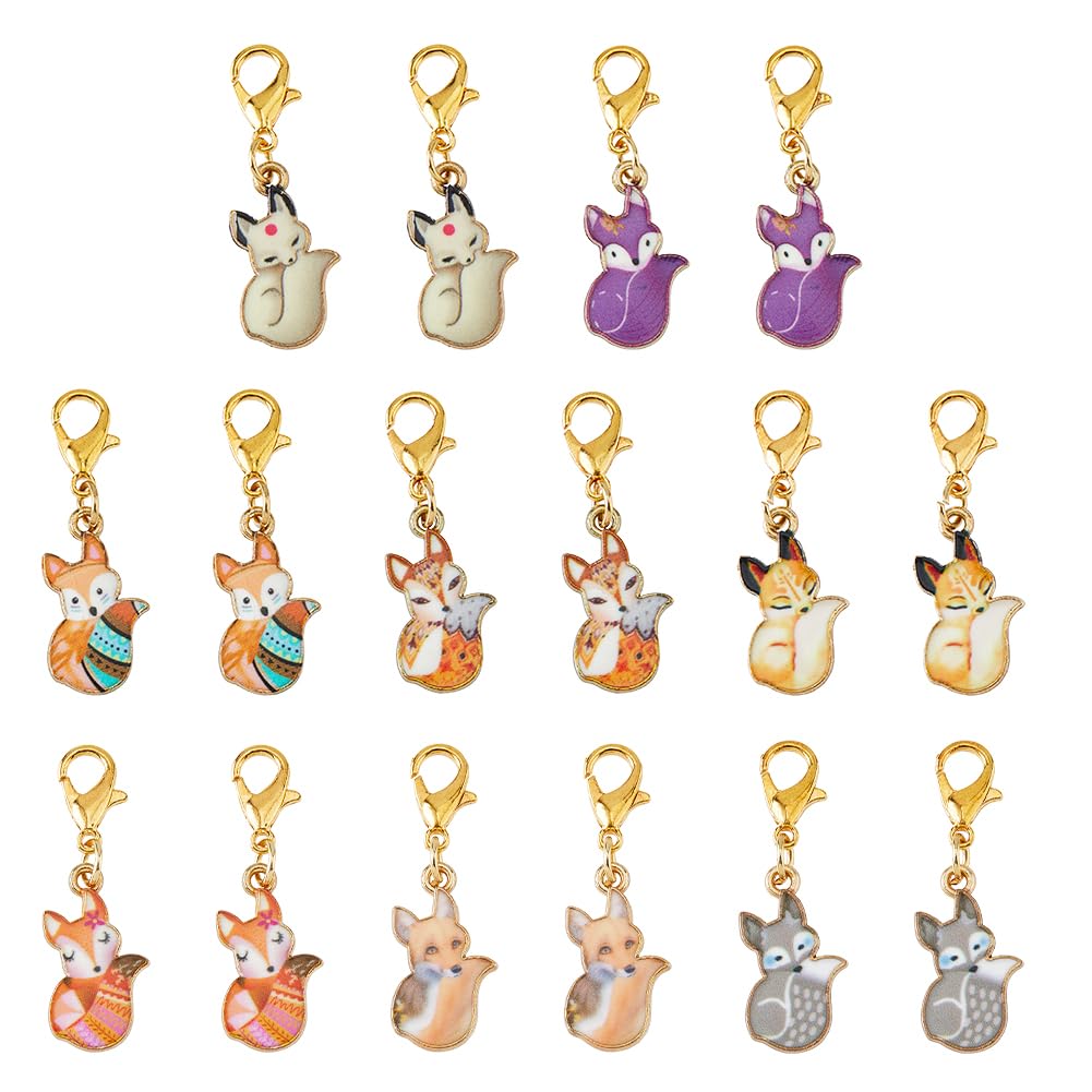 Hobbspring 16Pcs Clip on Charm Pendants 8 Colors Enamel Animal Charms with Lobster Clasps Fox Alloy Zipper Pendants for Bag Purse Keychain Necklace Jewelry Making DIY Crafts