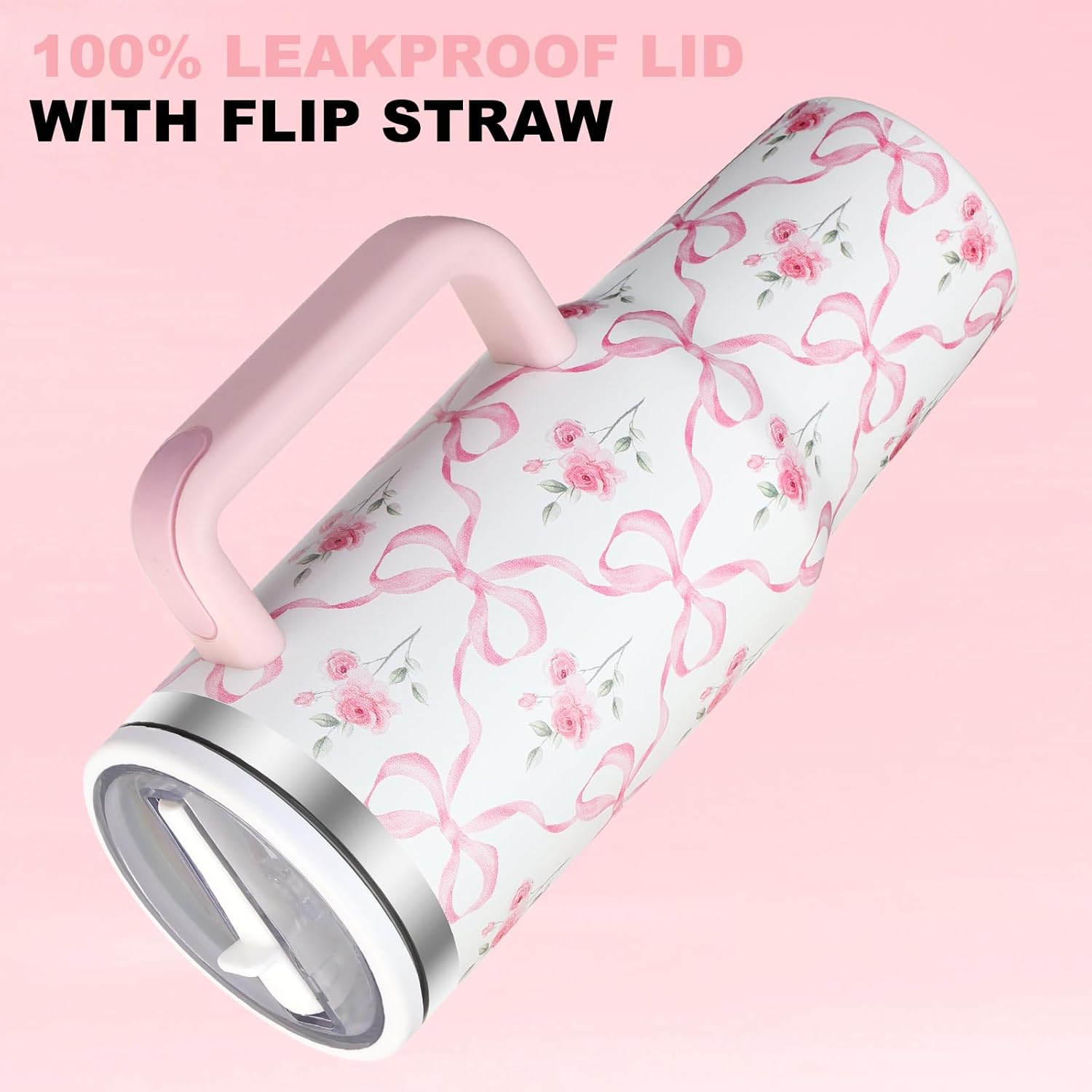 40 oz Pink Bow Floral Tumbler with Handle and Flip Straw Lid, Vacuum Insulated Leak Proof Double Walled Stainless Steel Travel Mug Flower Tumblers, Maintains Cold Ice and Heat for Hours - Image 2
