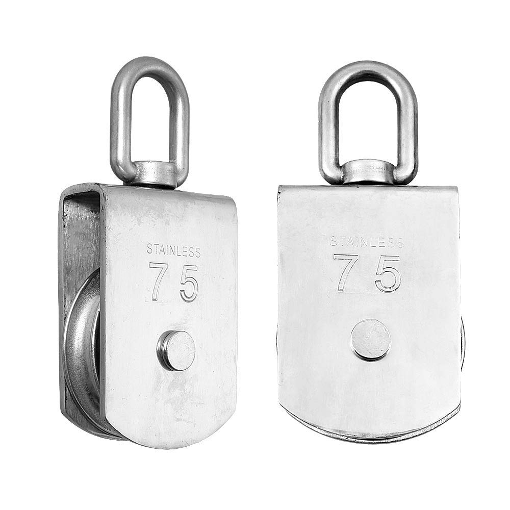 Rocaris 2 Pack M75 Lifting Single Pulley Roller Loading 1700Ibs, 304 Stainless Steel Heavy Duty Single Wheel Swivel Lifting Rope Pulley Block