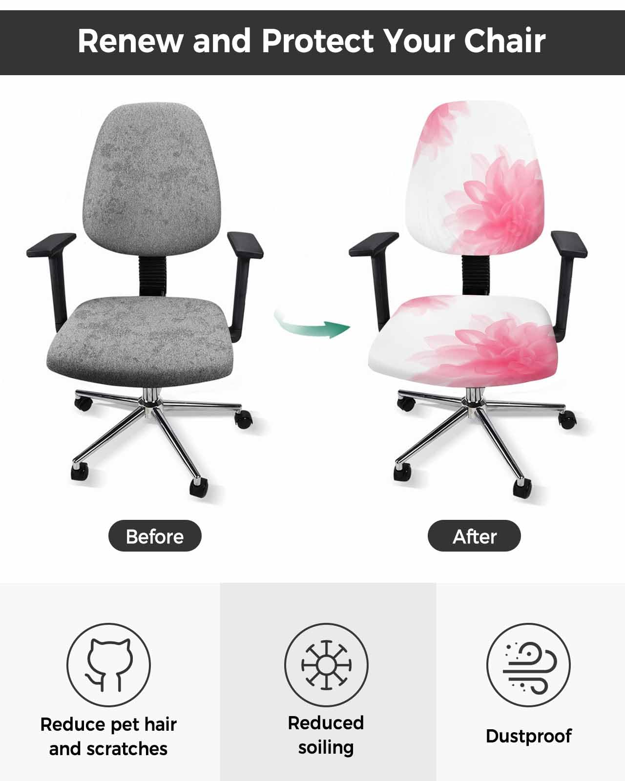 Pink Flowers 2 Pieces Computer Office Chair Covers Set,Stretchable Desk Rotating Chair Seat Cushion Slipcover Back Covers,Bohemian Ombre Modern Minimalist Floral Slipcover Back Cover,Protectors Cover