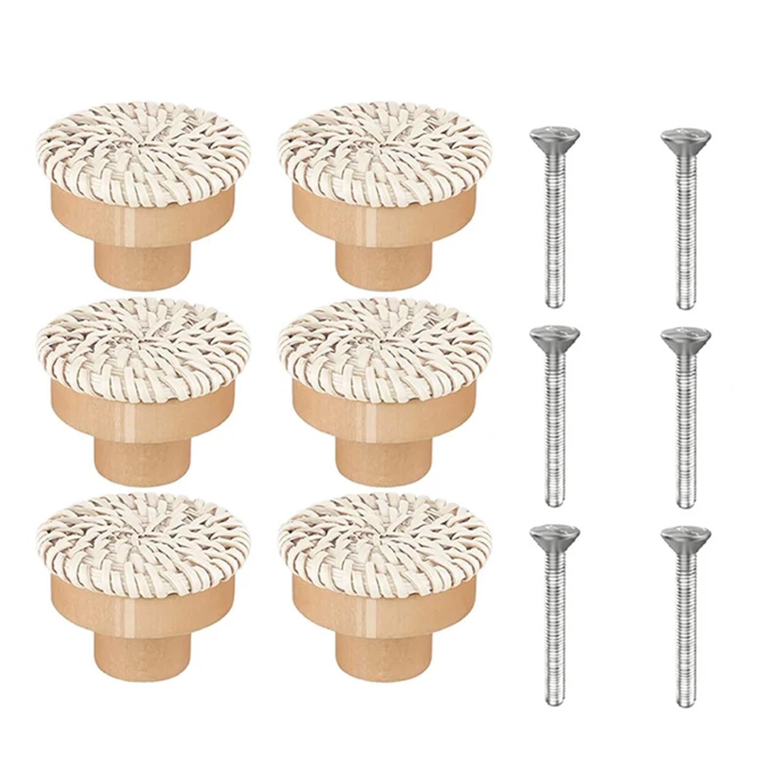 Lsnnmu White-6Pack 6Pcs Rattan Dresser Knobs Round Wooden Drawer Handmade Wicker Woven And Screws For Furniture For Home(White-6Pack)