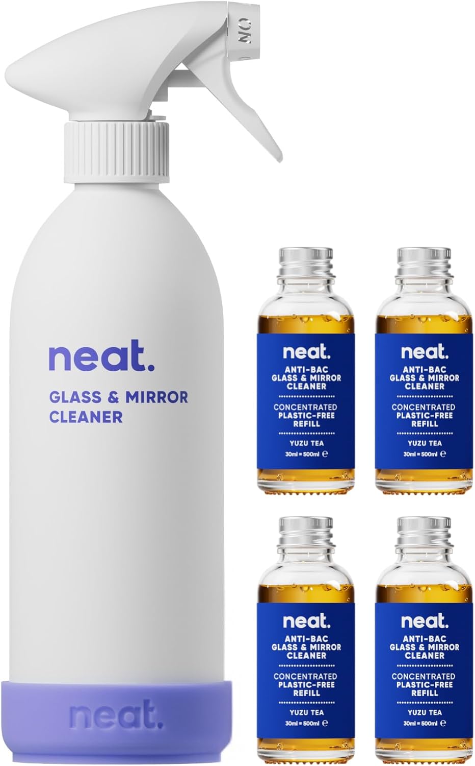 Neat Eco-Friendly Antibacterial Glass Cleaner Kit – A Reusable Forever Aluminium Bottle and Four Antibacterial Glass Cleaning Solutions for Home and Workplaces (4x 30ml Concentrate Bottles)