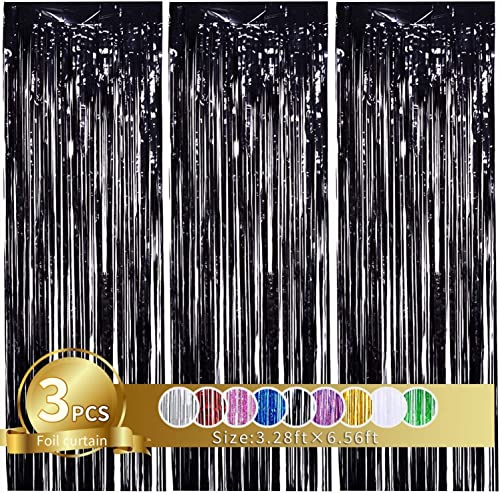 Image of TONIFUL 3Pcs Black Door Streamers,Black Photo Booth Backdrop,Metallic Streamers Black Foil Fringe Curtains for Birthday,Christmas,New Year,St. Patrick's Day Party Streamers Decor(9.9ft x 6.6ft)