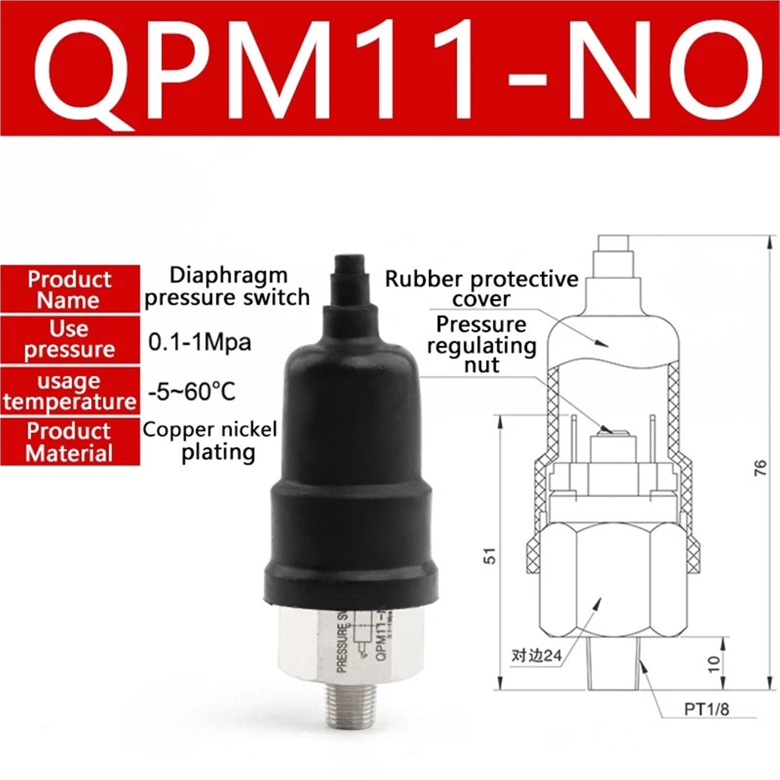 Micro pressostato pneumatico regolabile per compressore idraulico a diaframma regolatore automatico QPM11-NO-01 NC (QPM11-NC-10MPa, 1/8")