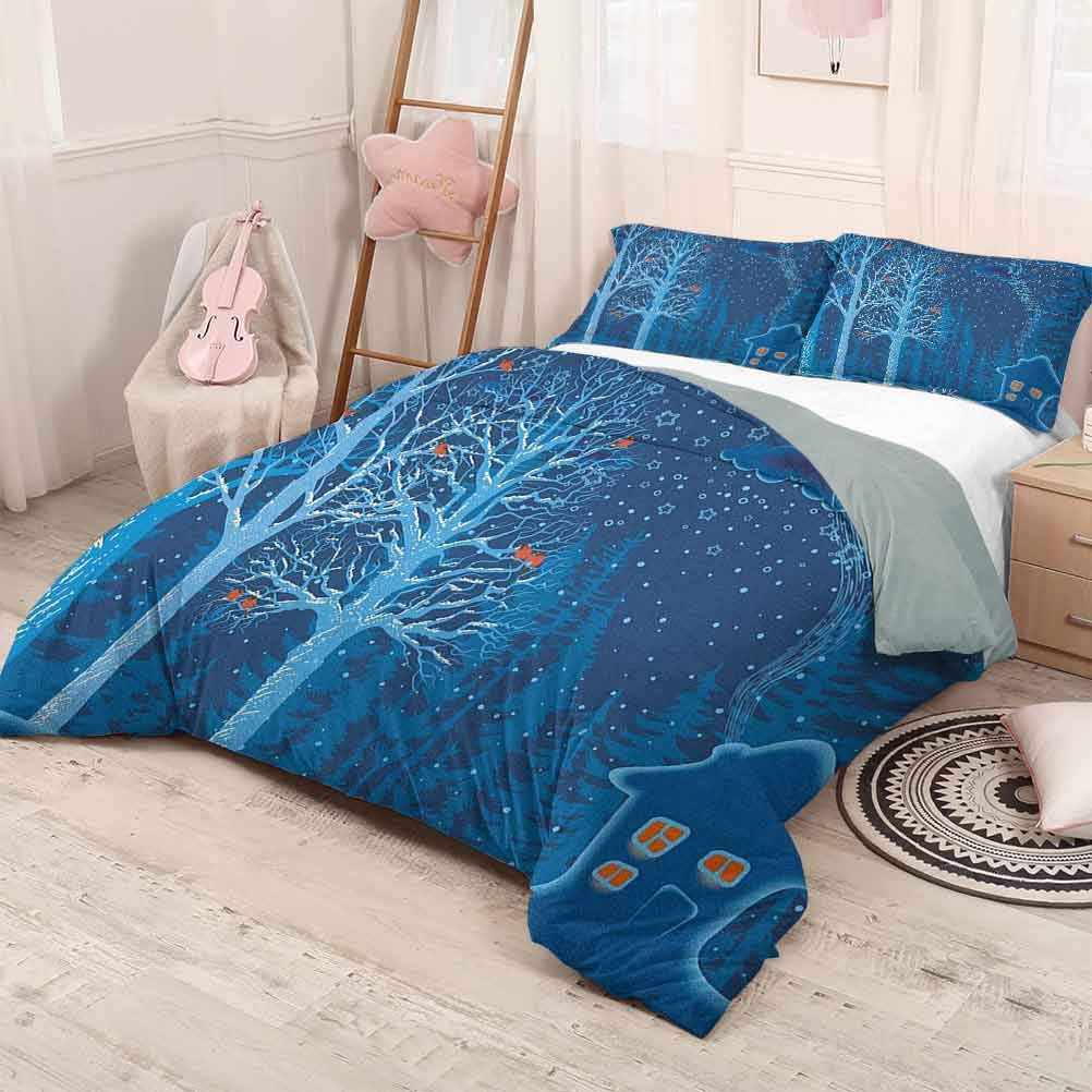 prunushome Forest Bedspread Coverlet SetWinter Landscape with Show Covered Country House Hut in Trees Rural Picture Light-Weight Orange Violet Blue 90x90in/20x30inx2