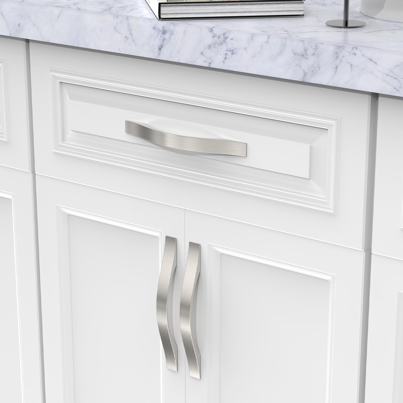 FURNIWARE Pack of 10 Cabinet Handles, Furniture Handles, Brushed Satin Nickel, 128 mm Hole Spacing, Kitchen Handles - Image 2