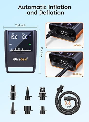 Miniatura 7 de GiveBest Rechargeable Paddle Board Pump, 20 PSI High Pressure and 30% Faster Dual Stage SUP Air Pump with Auto-Off, 3x4500MAH, Inflation and
