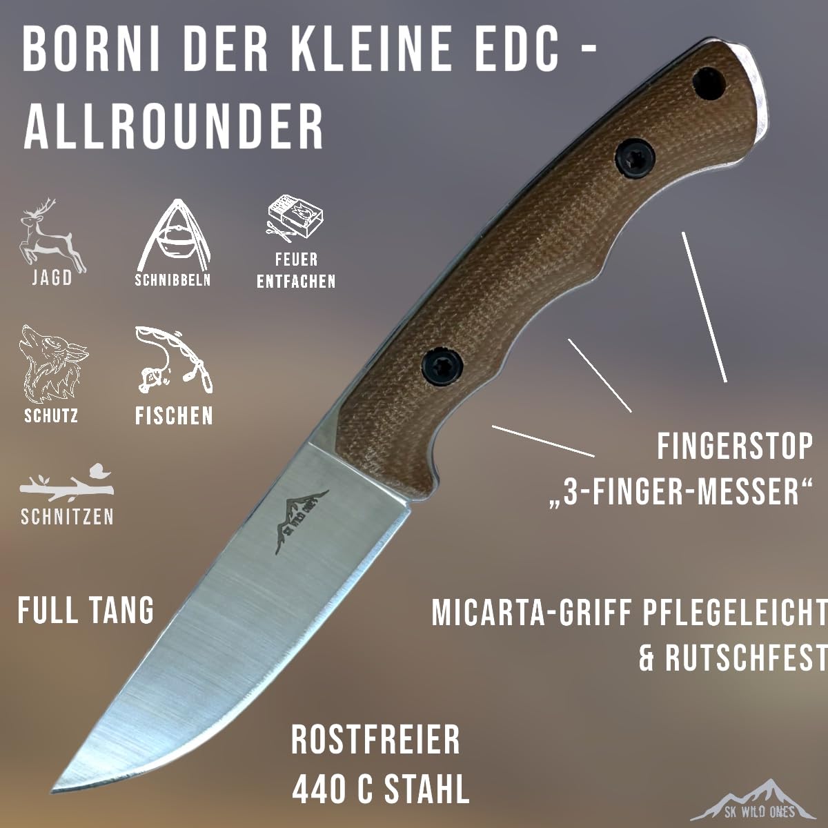 SK Wild Ones® Neck Knife Messer - Outdoor Neckknife Survival - Jagdmesser feststehende Klinge - Echtleder Holster Gürtelmesser & Micarta Griff - EDC Outdoor Messer - 440 C Edelstahl Borni