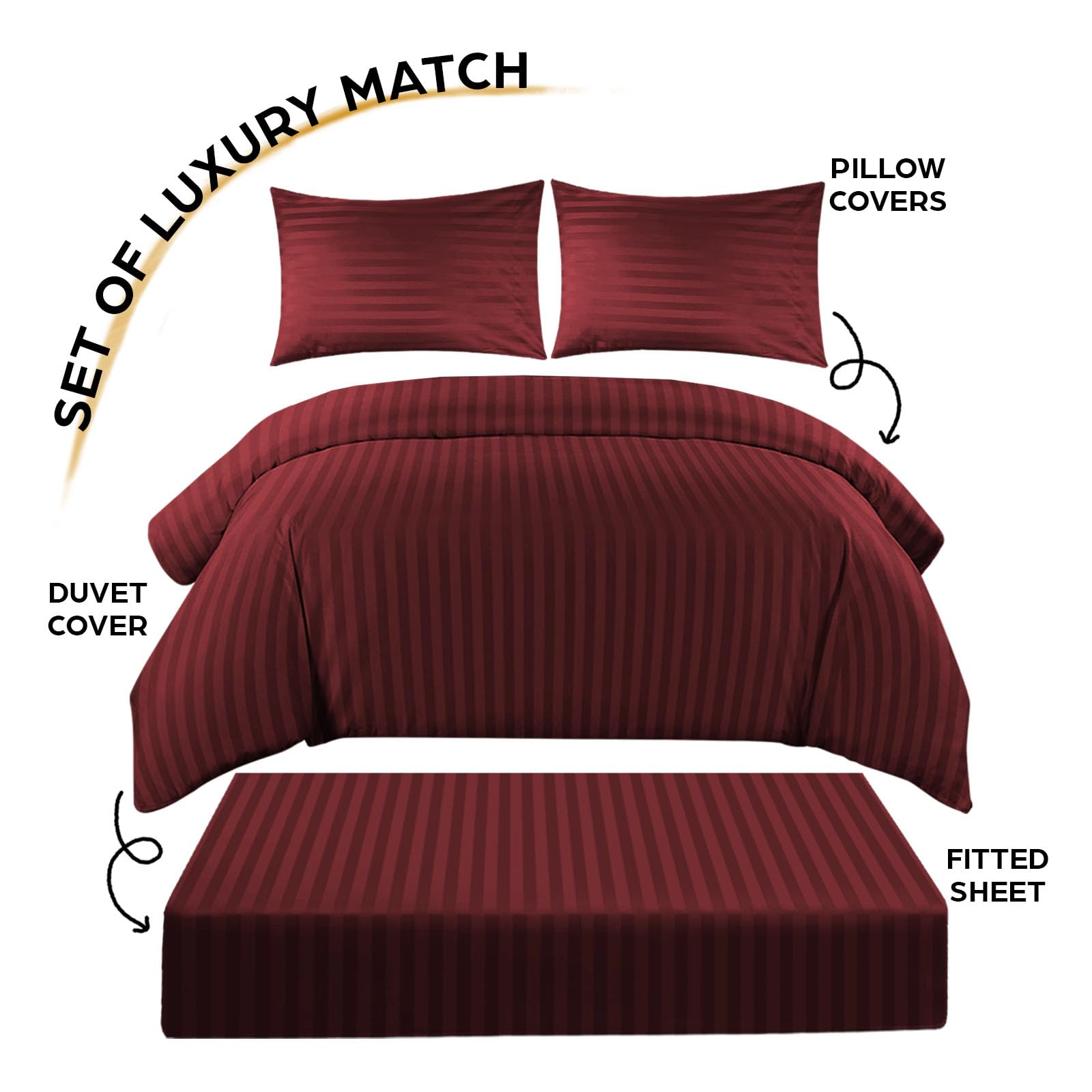 MOONLIGHT20015 Double Duvet Set 4 Piece Satin Stripe Duvet Cover Sets Soft Brushed Microfiber Bedding Sets with Fitted Sheet & 2 Pillow Cases (Burgundy - Image 2