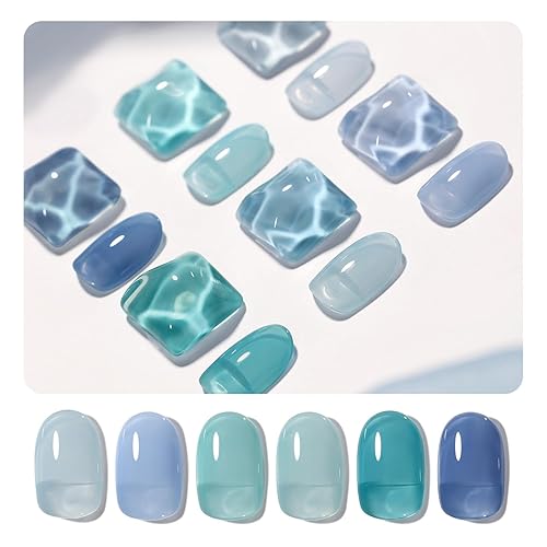 GAOY Jelly Blue Gel Nail Polish Set, 6 Transparent Colors, UV Light Cure Gel Polish for Salon and Nail Art DIY at Home - Blue Tears