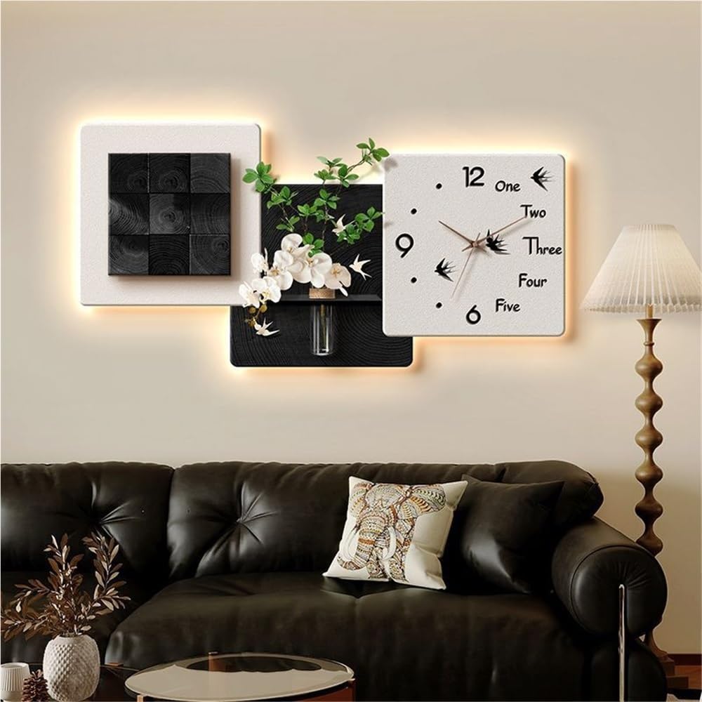 ITOSUI 3D Sandstone Wall Clock, Modern Wall Art with Vase, Exquisite Wall Decor with Clock for Bedroom, Study, Hallway, or Office(Black,23.6 * 47.2in)