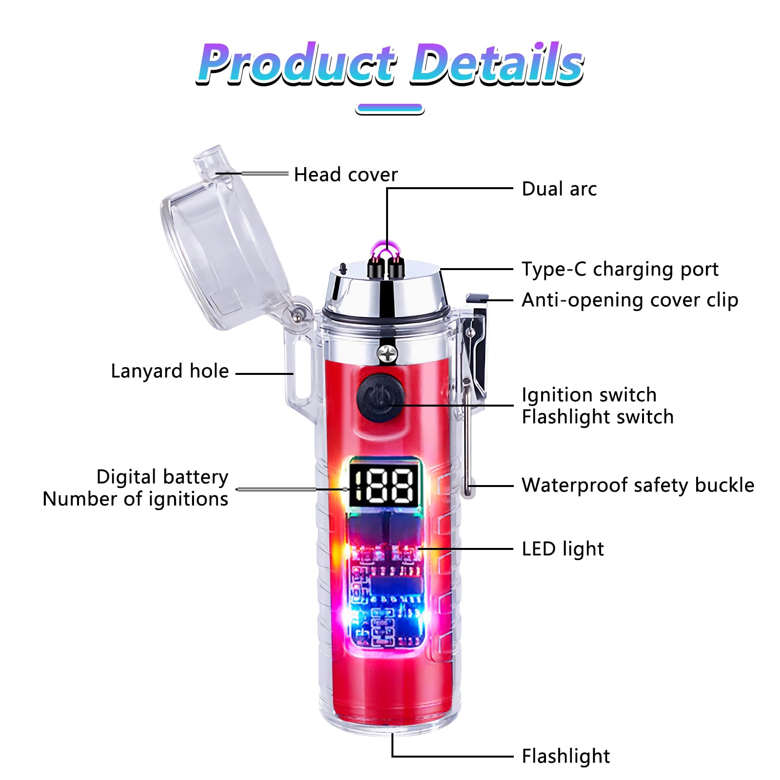 BABOBIU Briquet électrique frais, coupe-vent, étanche, sans flamme, plasma avec affichage LED et lampe de poche pour sortir, randonnée, camping, aventure (rouge)