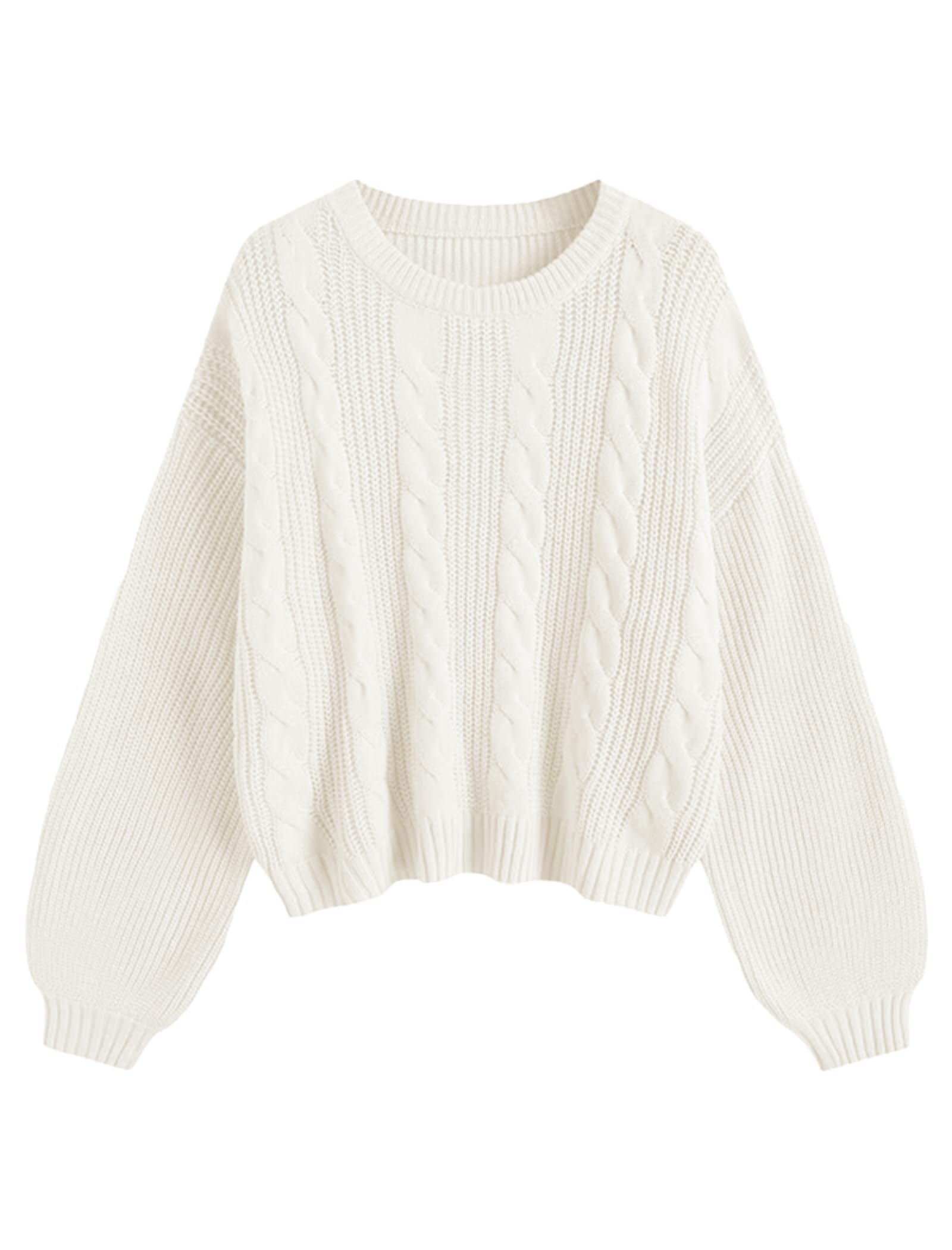 ZAFUL Womens Cable Knit Crewneck Sweater Lantern Sleeve Cropped Chunky Casual Pullover Top