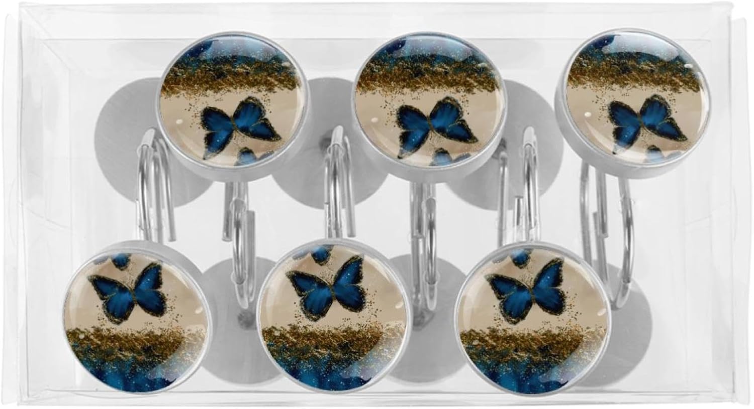 Decorative Shower Curtain Hooks - 12 Pack Blue Butterfly Marble Pattern Rustproof Rings for Bathroom Decor